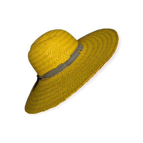 Vintage Yellow & Tan Straw Woven Wide Brim Hat w/Ribbon Accent - Picture 4 of 11